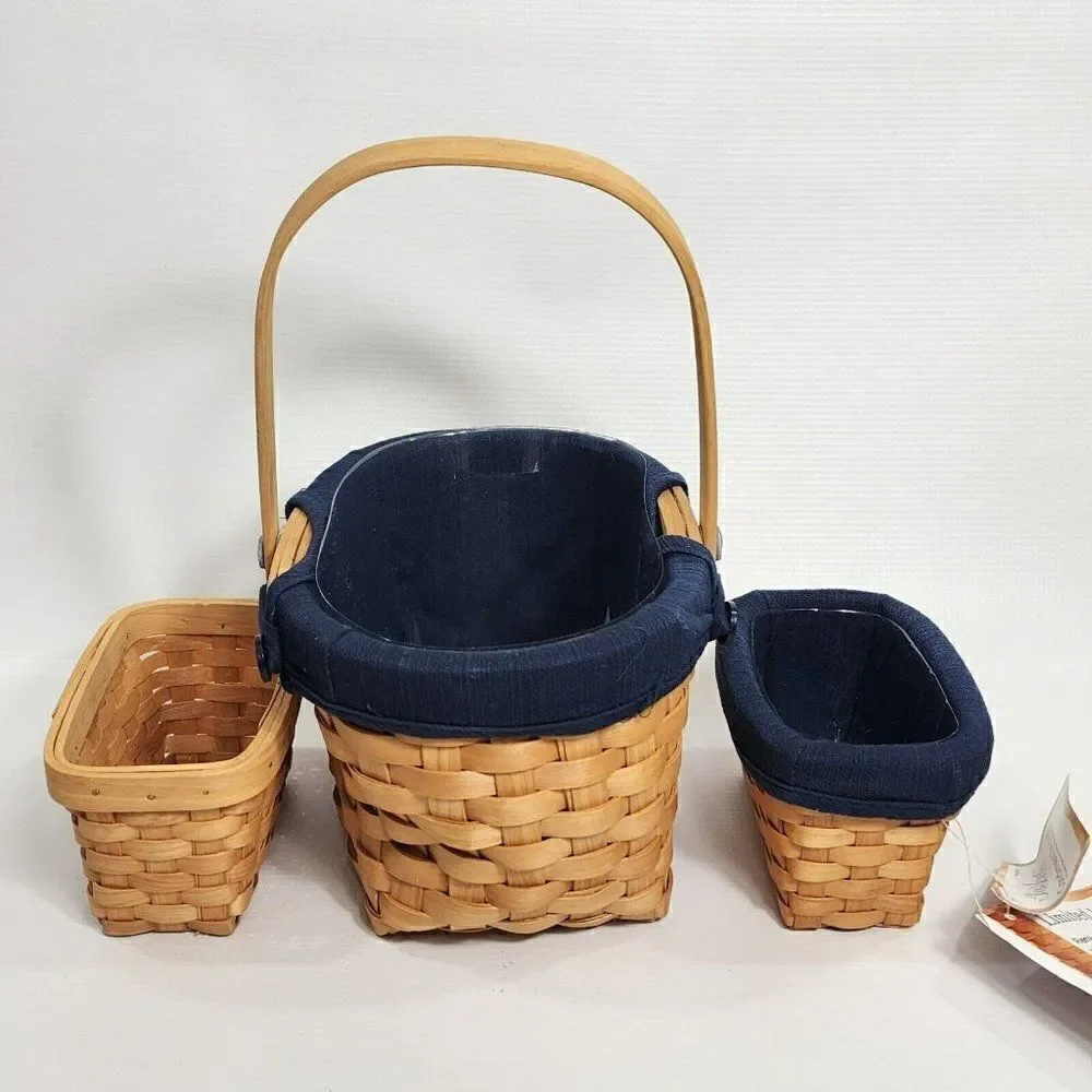 3 Taskets Renaissance Wood Slat Woven Baskets Navy Liner Bow Wow Meow‎